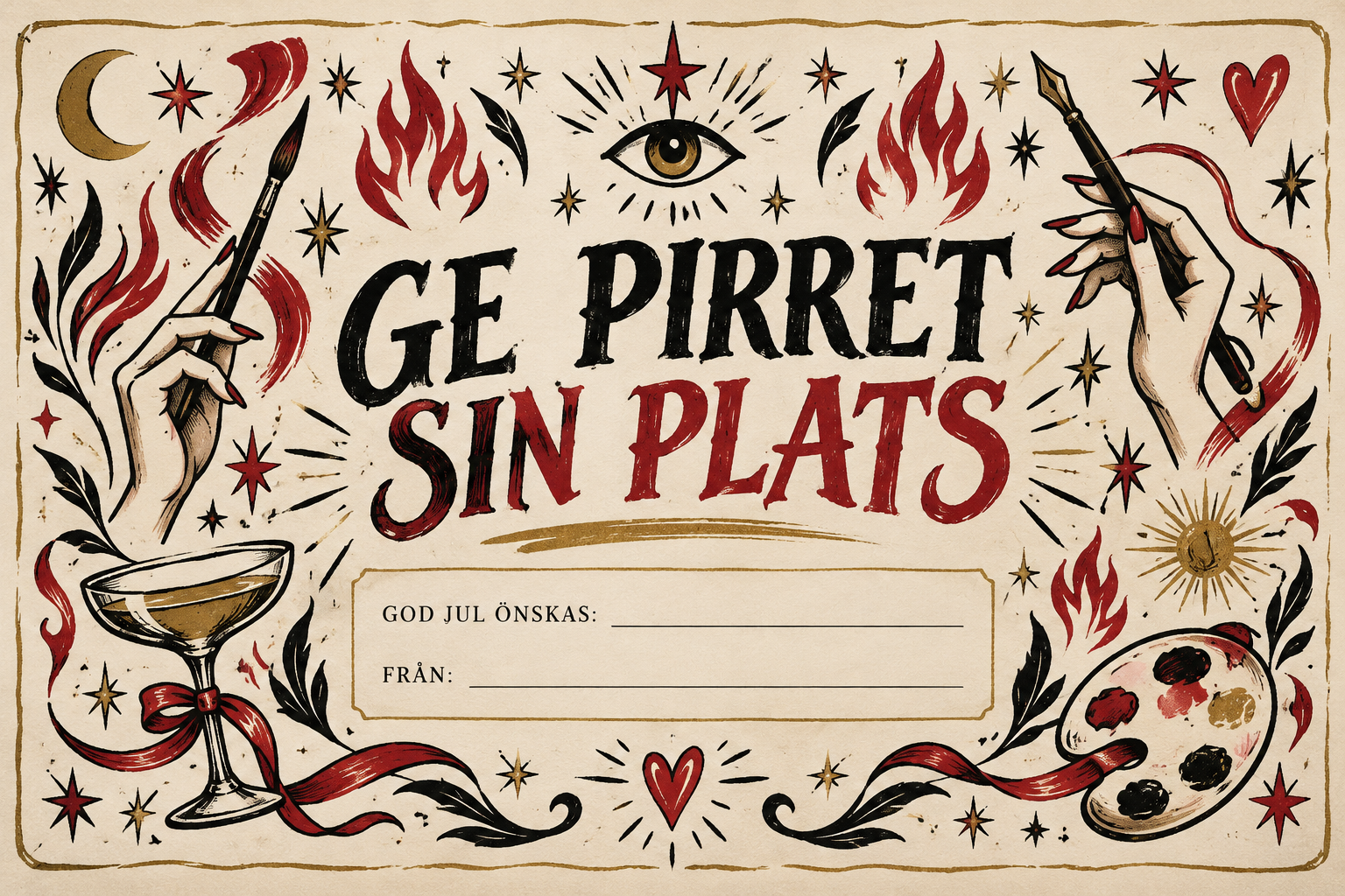 Presentkortet: Ge pirret sin plats – vintage design med tända eldar, stjärnor och fält att fylla i God jul önskas och Från